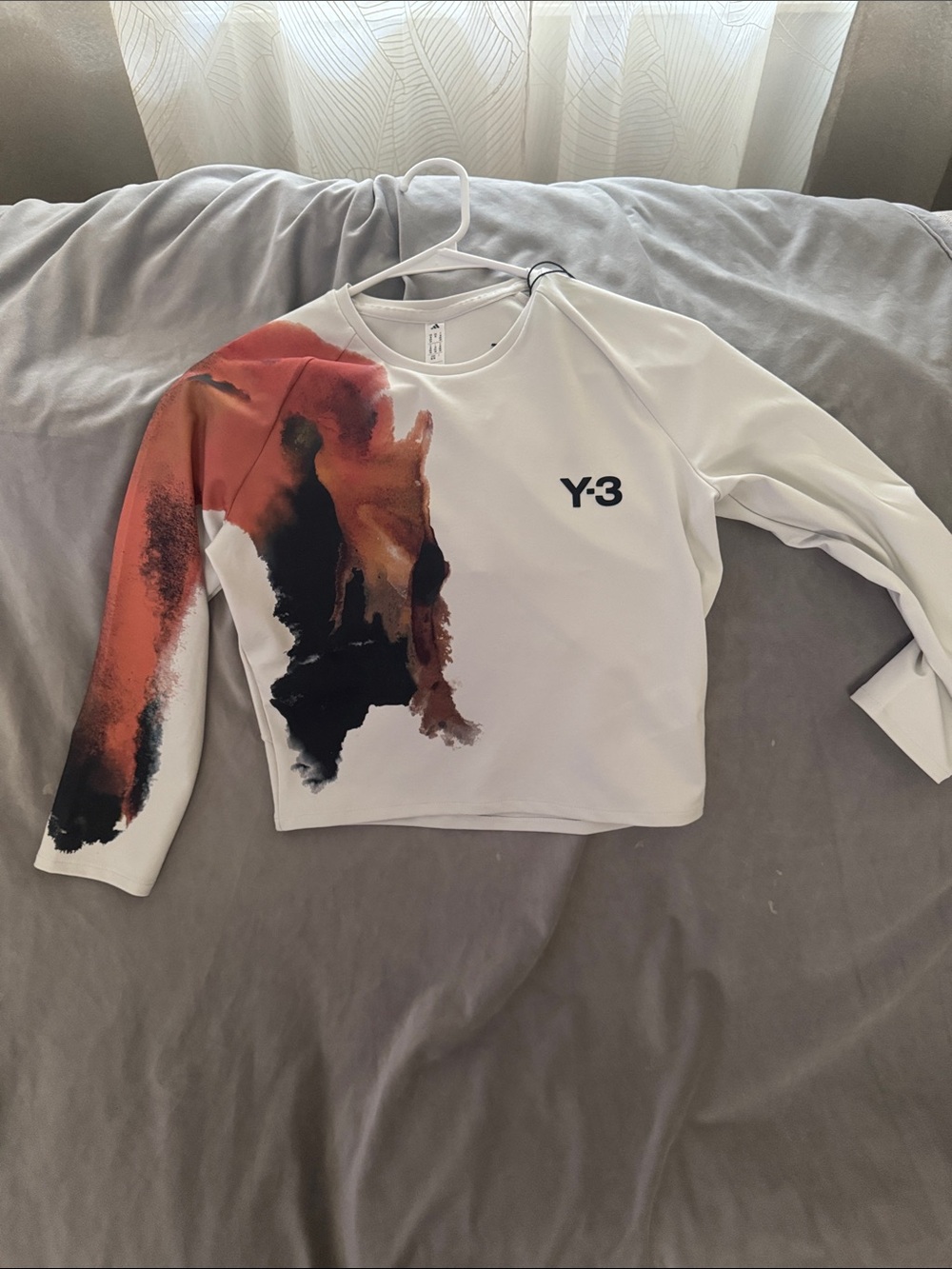 Y-3 White Cropped Sweatshirt with Orange and Black Brushstroke Print